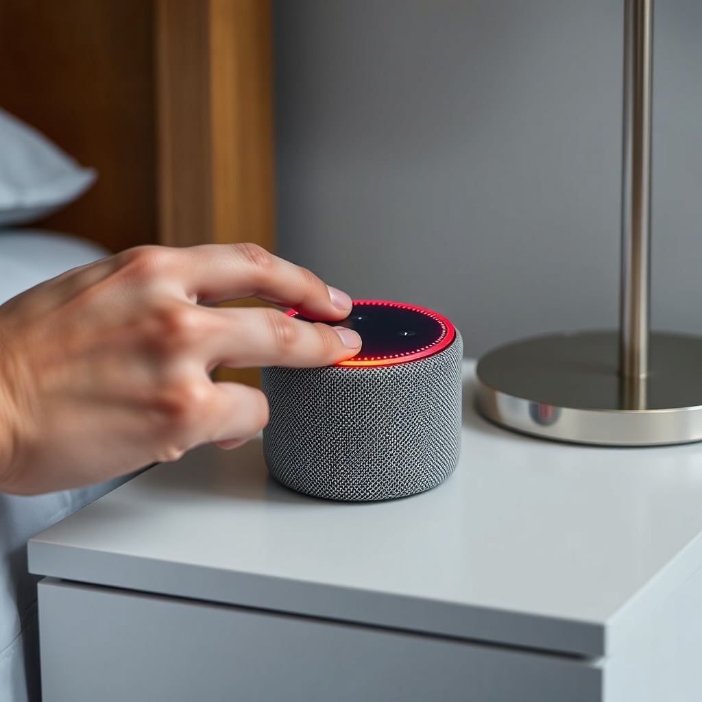 A photorealistic photo of an Amazon Echo Dot (5th Gen) on a nightstand