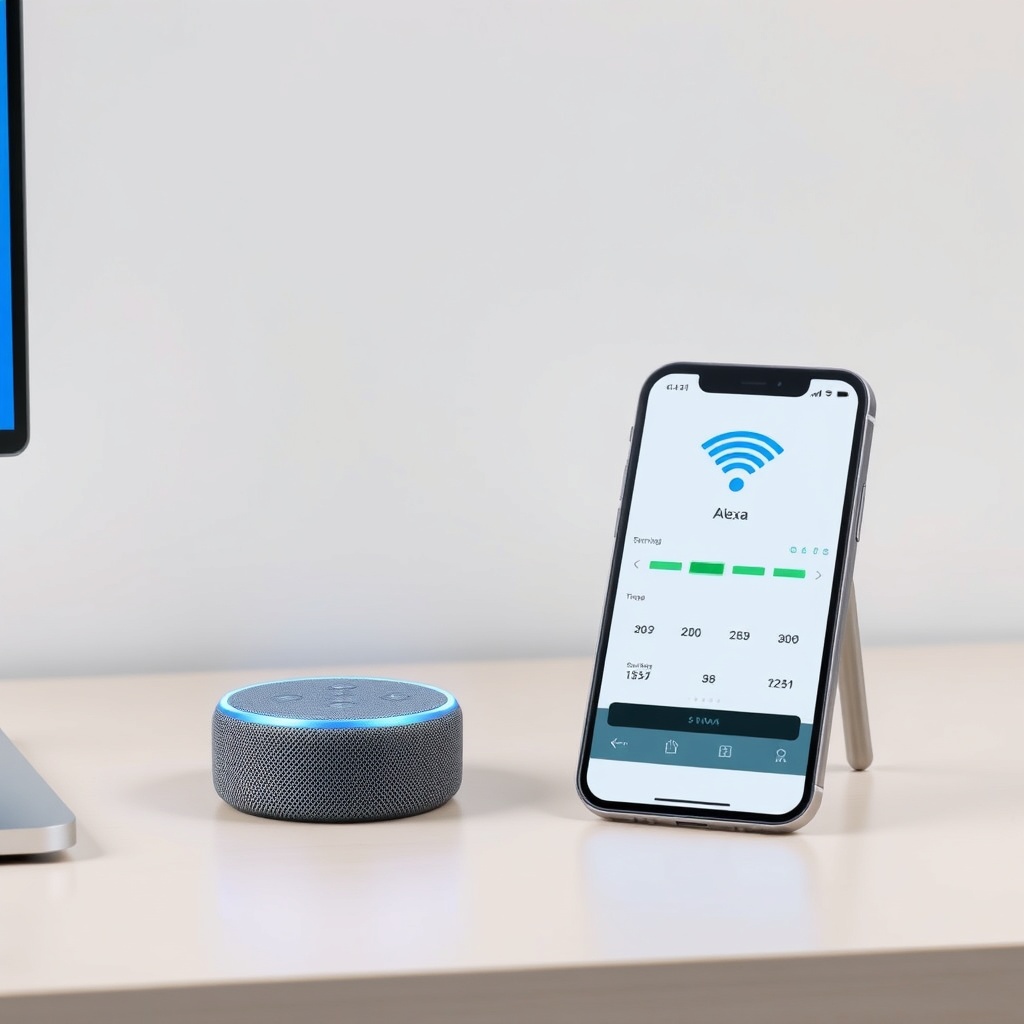 A photorealistic photo of an Amazon Echo Dot (5th Gen) placed on a desk near a Wi-Fi route