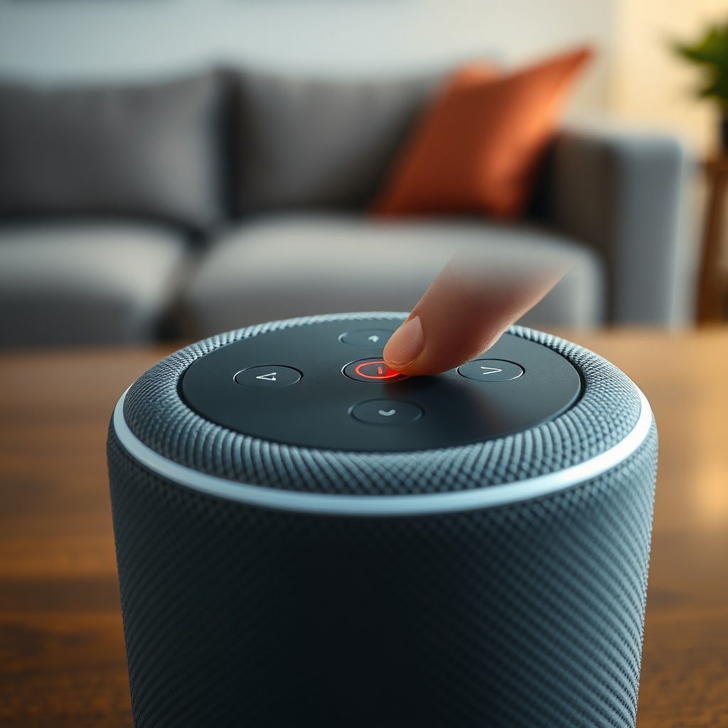 Close-up of an Echo Dot 5th Gen top surface with a finger pressing the microphone mute but