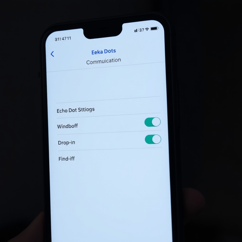 A smartphone screen showing the Alexa app's "Communication" settings page for the Echo Dot