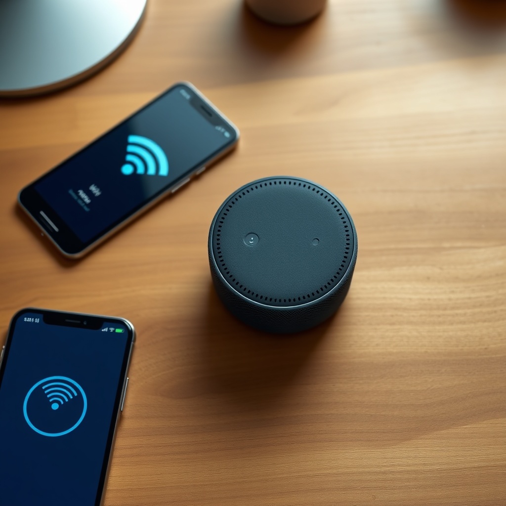 A photorealistic top-down view of an Amazon Echo Dot (5th Gen) on a wooden desk next to a