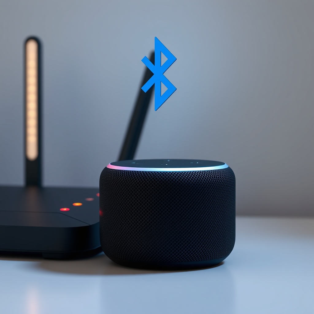 A photorealistic close-up of an Amazon Echo Dot (5th Gen) with a Bluetooth icon floating a