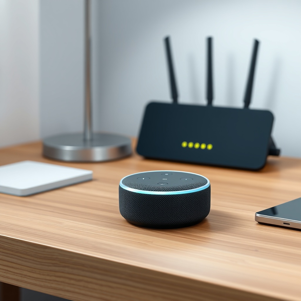 A clean photorealistic photo of an Echo Dot 5th Gen sitting on a modern wooden desk