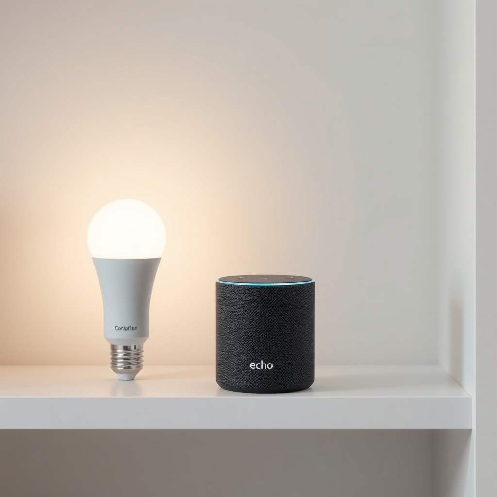 A clean photorealistic photo of an Echo Dot 5th Gen on a shelf near a smart light bulb and