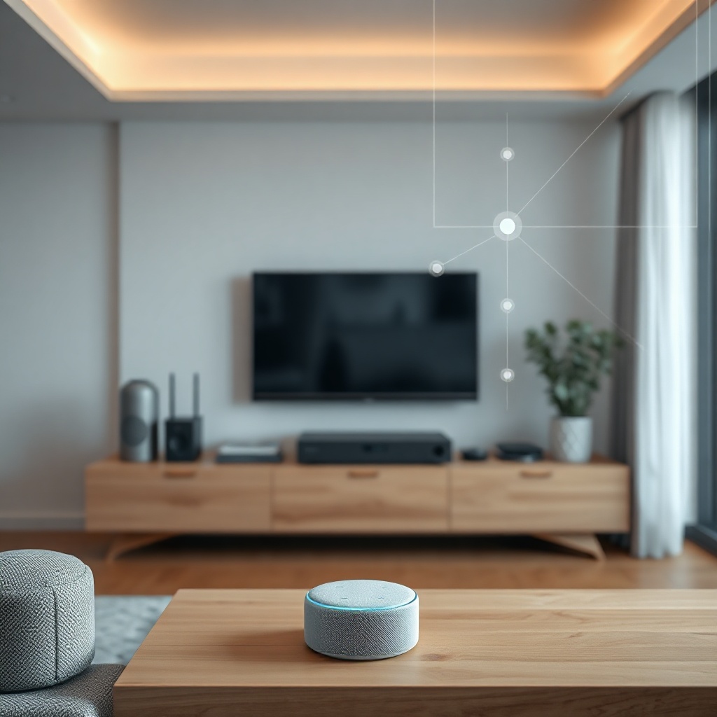 clean photorealistic photo of a modern living room with an Echo Dot 5th Gen on a shelf