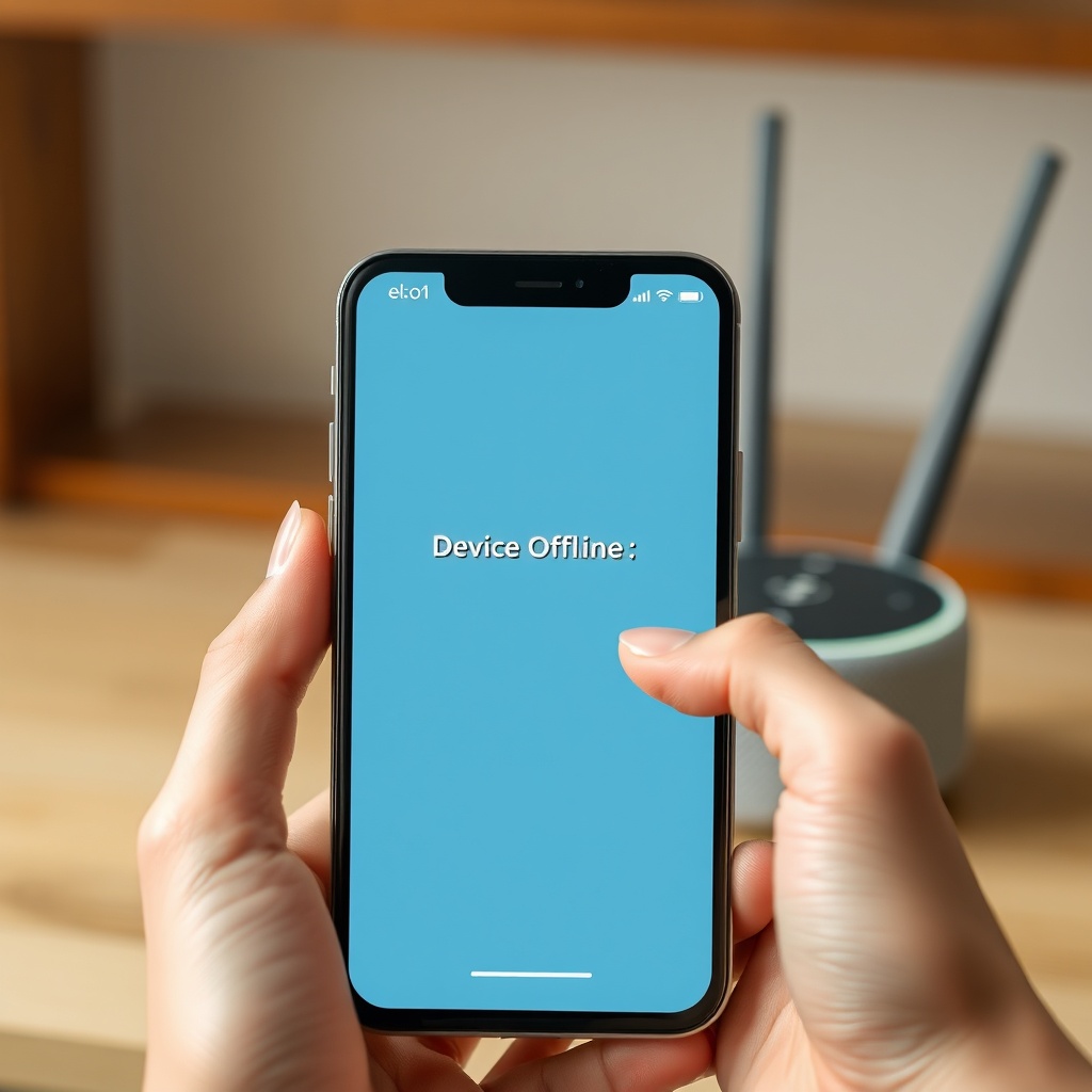clean photorealistic photo of a person holding a phone showing the Alexa app with 'Device