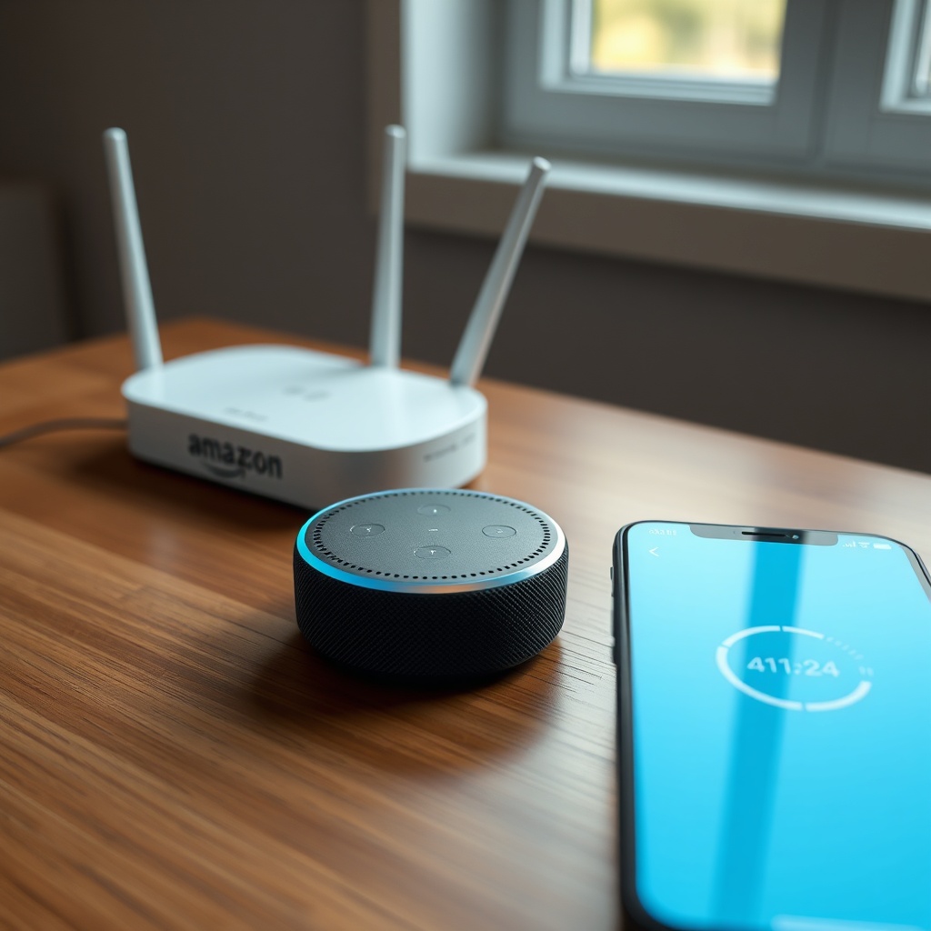 A photorealistic wide-angle shot of an Amazon Echo Dot 5th Gen sitting on a wooden table n
