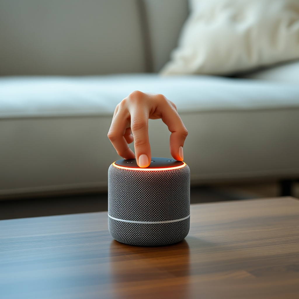 Clean photorealistic photo of a hand resetting an Amazon Echo Dot 5th Gen on a coffee tabl