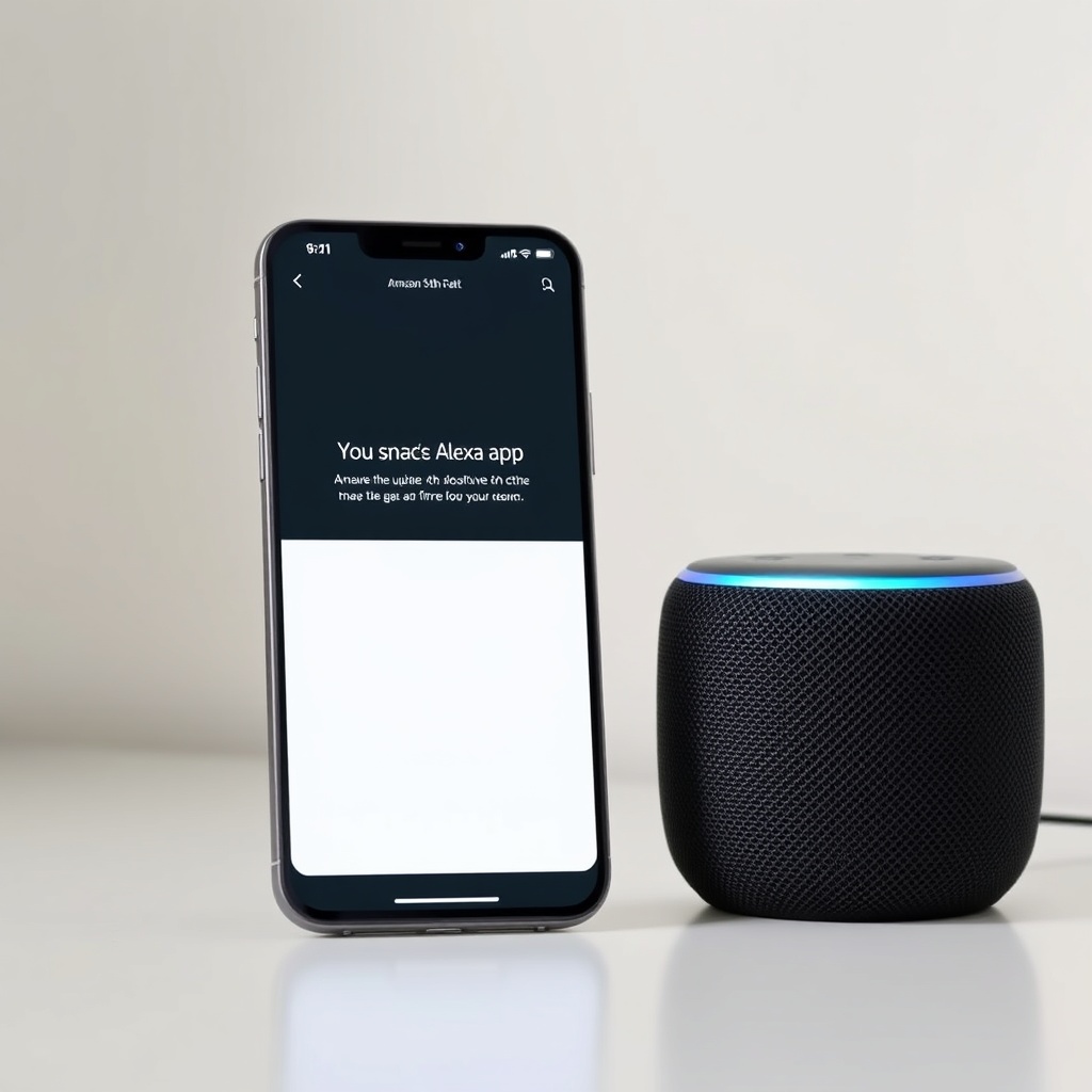 Clean photorealistic photo of an Amazon Echo Dot 5th Gen next to a smartphone displaying t