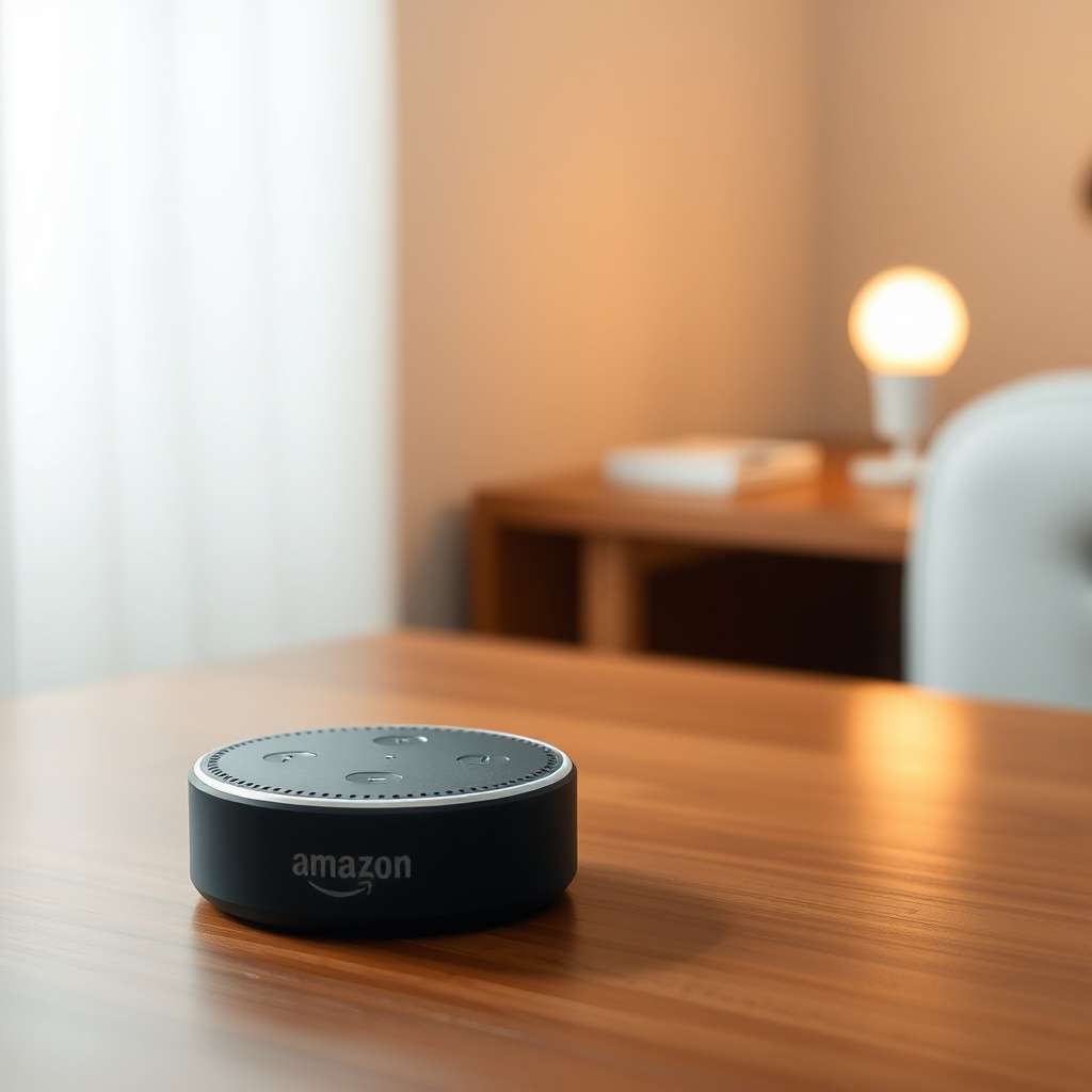 A clean photorealistic photo of an Amazon Echo Dot (5th Gen) on a wooden table
