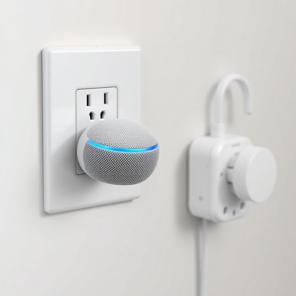 A clean photorealistic photo of an Amazon Echo Dot (5th Gen) plugged into a wall outlet be