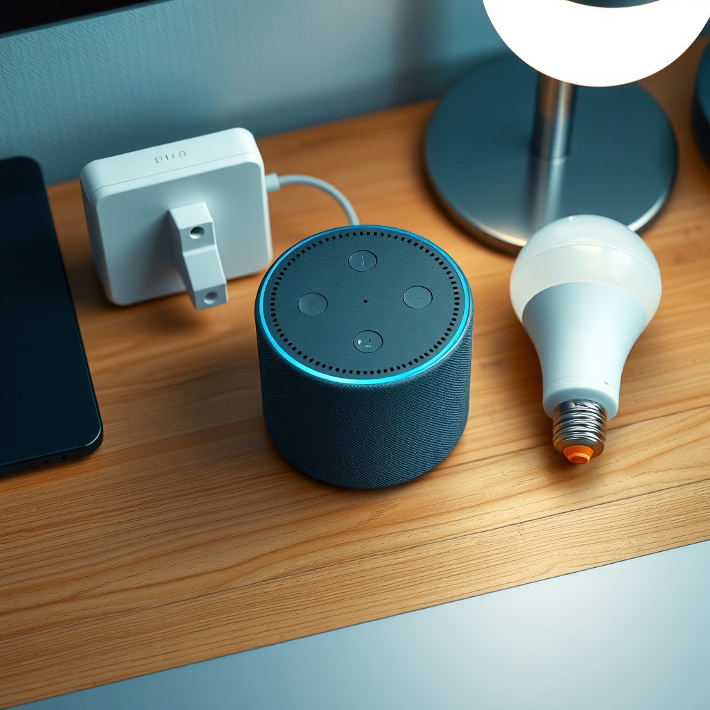 A photorealistic top-down photo of an Amazon Echo Dot (5th Gen) sitting on a wooden desk