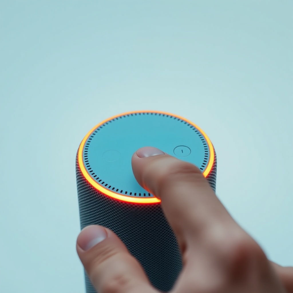 A photorealistic photo of a person’s finger pressing the Action button on top of an Amazon