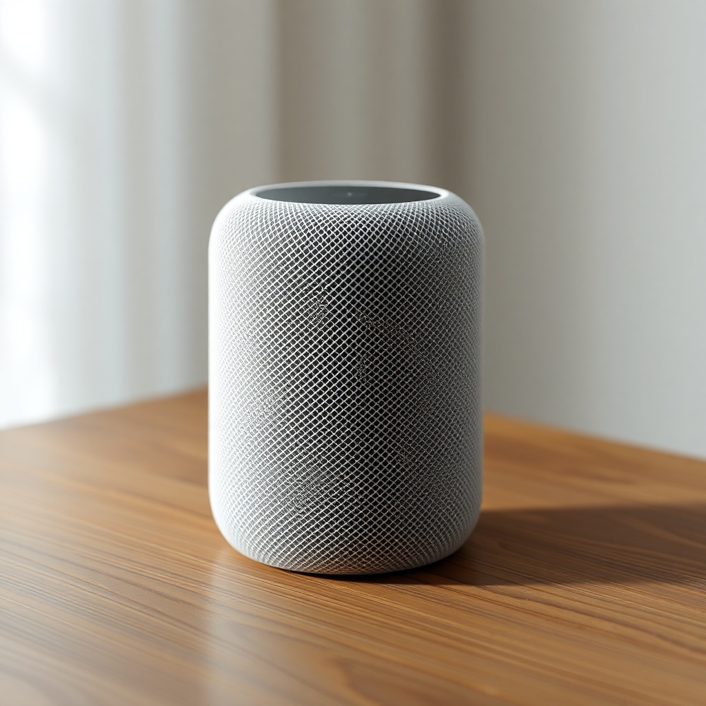 A clean photorealistic photo showing an Apple HomePod mini on a wooden table with a progre