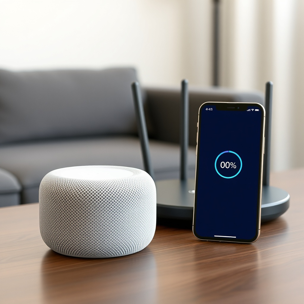 A clean photorealistic photo of an Apple HomePod mini sitting on a coffee table next to a