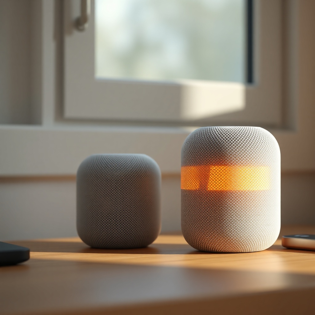 A clean photorealistic photo of two Apple HomePod mini speakers on a wooden desk near a wi