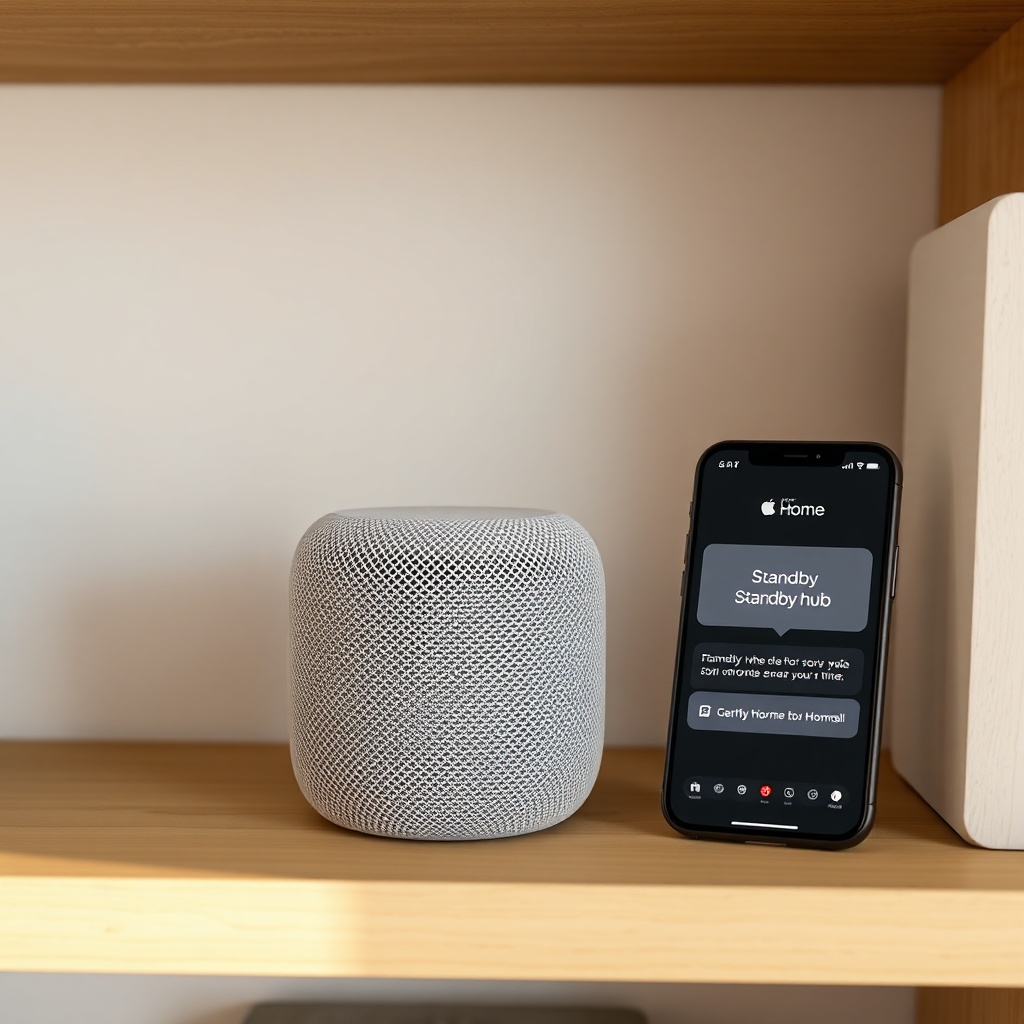 A clean photorealistic photo of a HomePod mini sitting on a wooden shelf next to a smartph