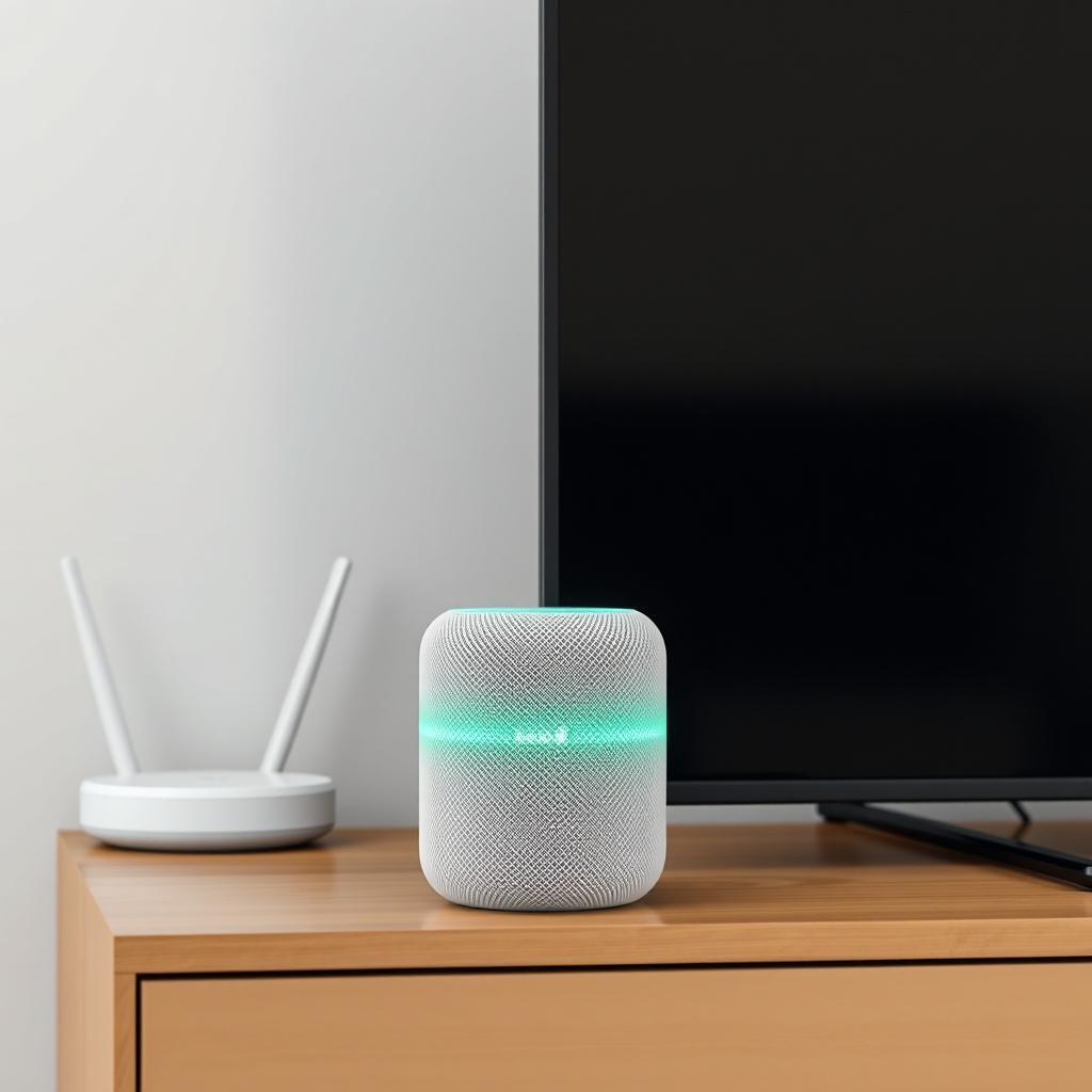 A clean photorealistic photo of a HomePod mini placed on a TV stand beside a Wi-Fi router