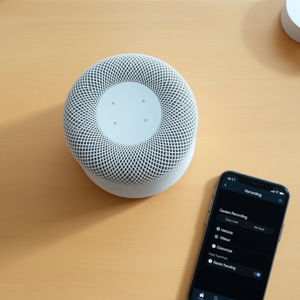 A clean top-down view of a HomePod mini sitting on a wooden desk