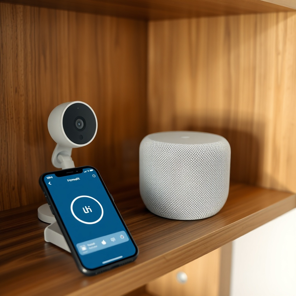 A clean photorealistic photo of a white Apple HomePod mini sitting on a wooden shelf next