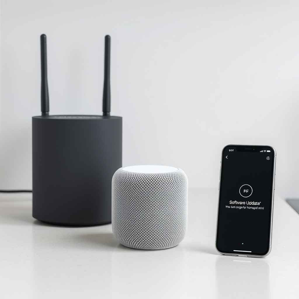 A clean photorealistic photo of an Apple HomePod mini on a kitchen counter