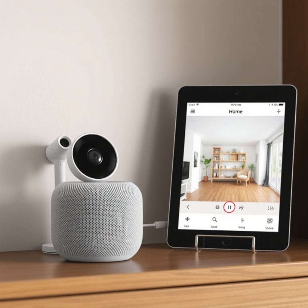 <clean photorealistic photo/illustration of a HomePod mini placed on a shelf next to a sma