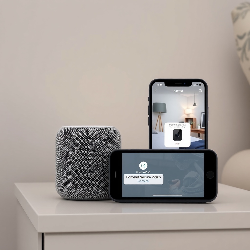 <clean photorealistic photo/illustration of a HomePod mini on a nightstand