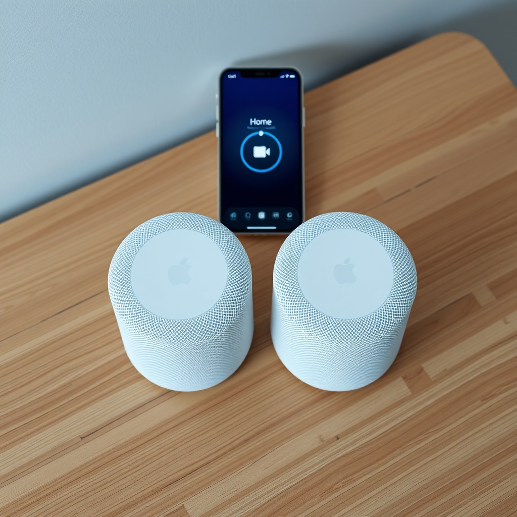 A clean photorealistic overhead shot of two white Apple HomePod mini units placed side by