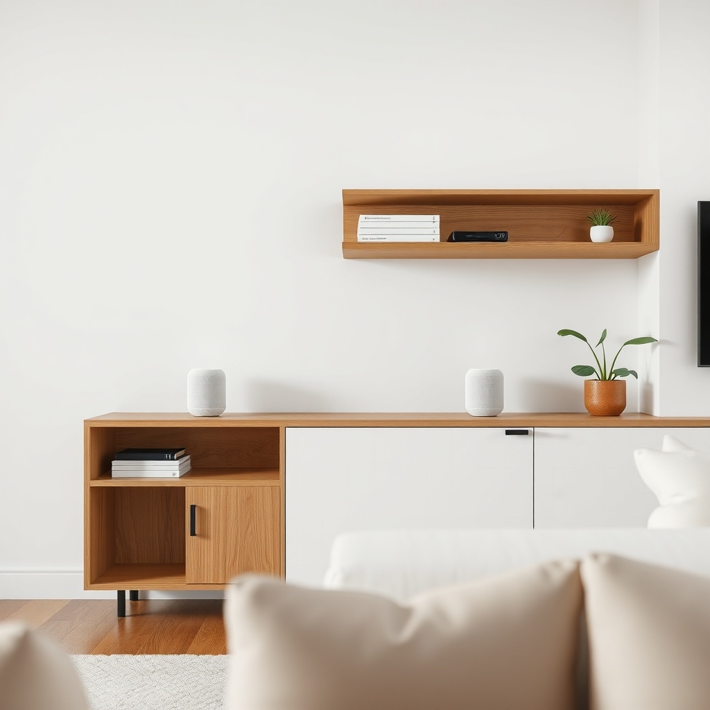 A photorealistic wide-angle shot of a living room showing two white HomePod minis on diffe