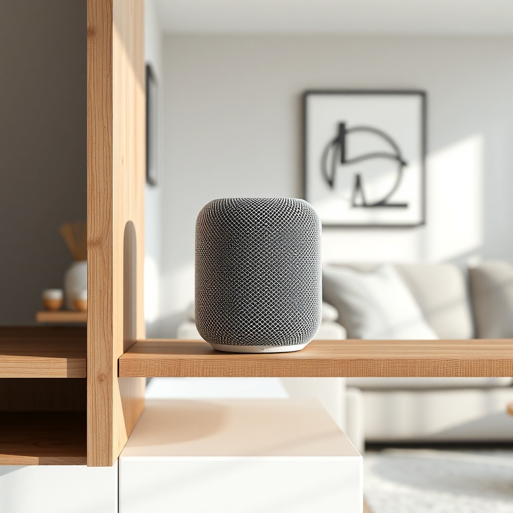 A clean photorealistic photo of an Apple HomePod mini sitting on a wooden shelf in a livin