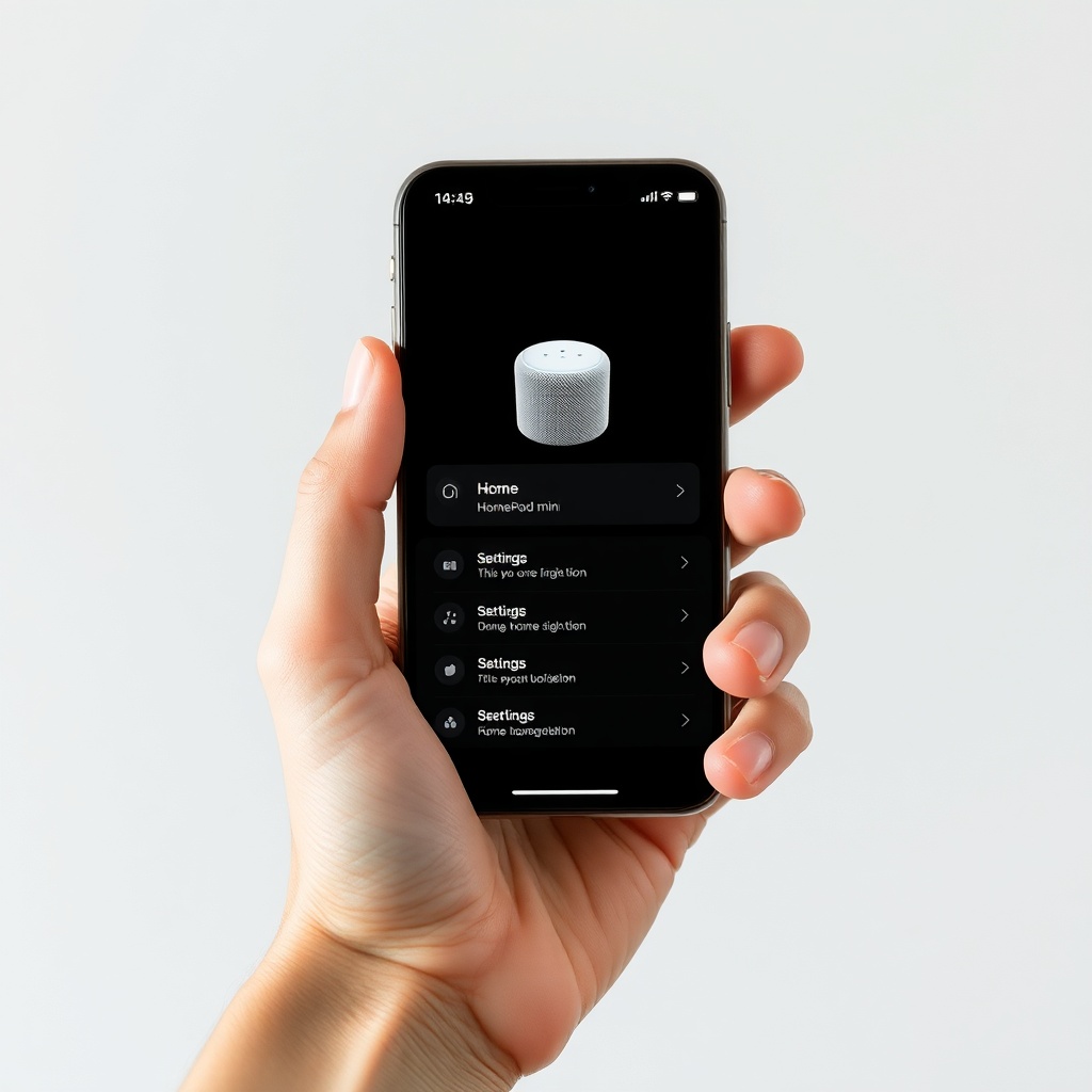 A clean photorealistic photo of a hand holding an iPhone showing the Home app with a HomeP