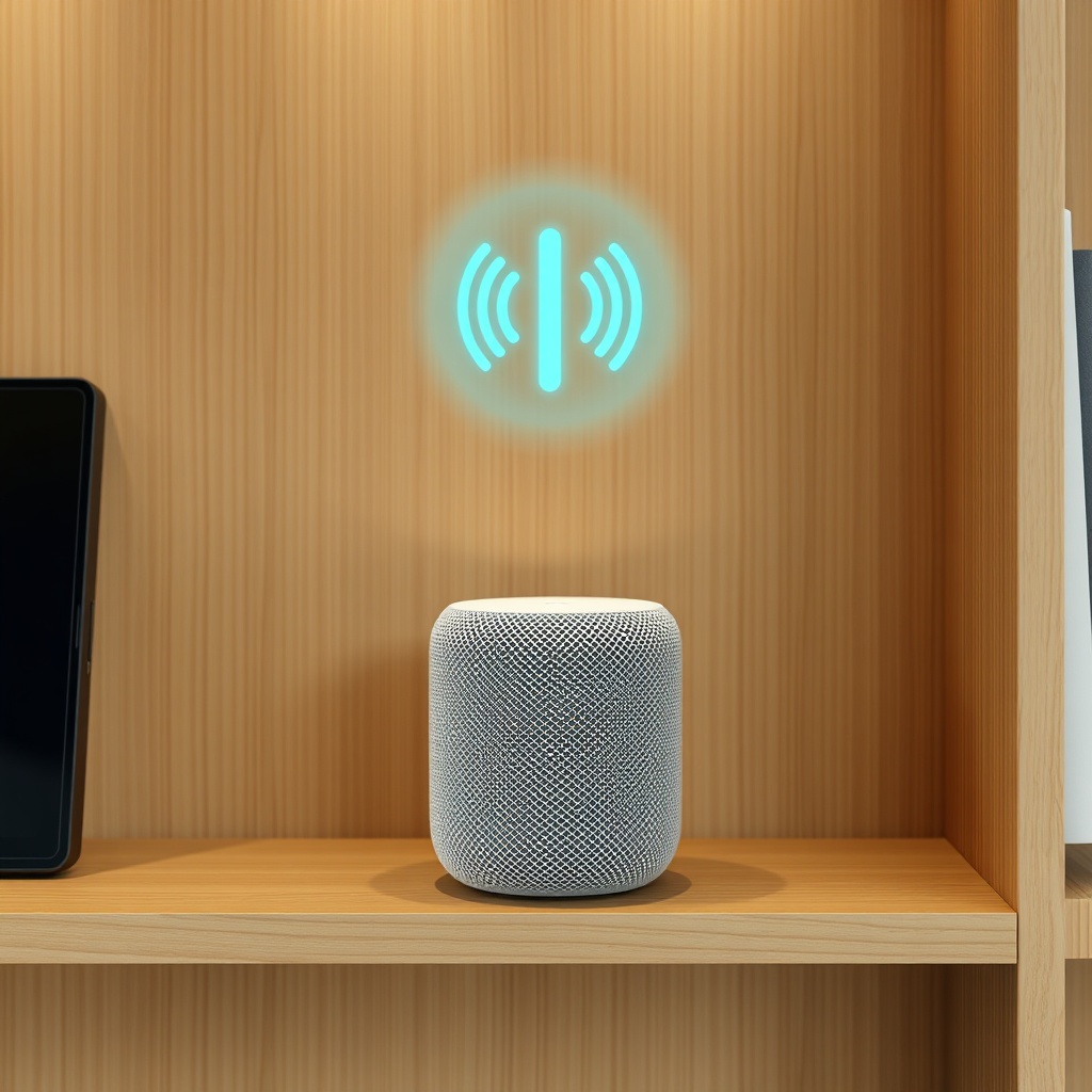 <clean photorealistic photo/illustration of an Apple HomePod mini on a wooden shelf with a