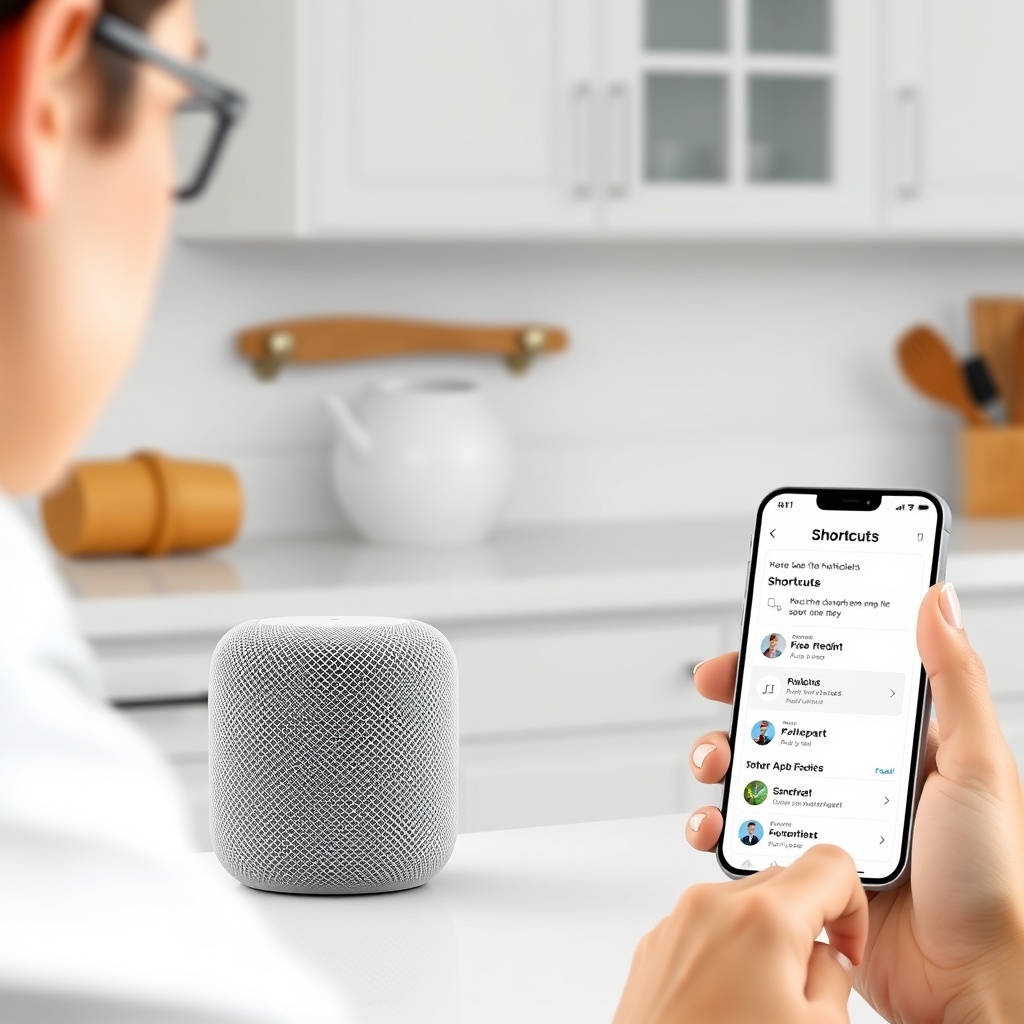 <clean photorealistic photo/illustration of a person speaking to an Apple HomePod mini on