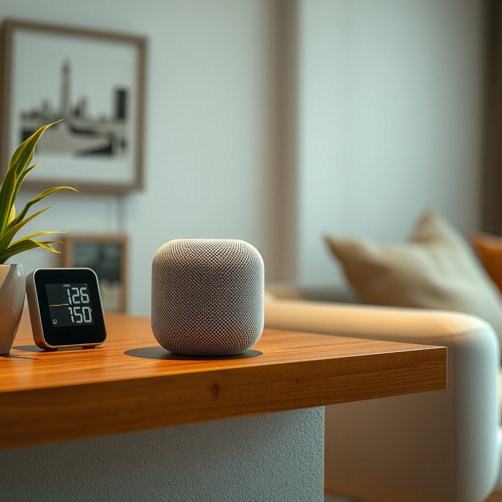 A photo-realistic close-up of an Apple HomePod mini sitting on a wooden shelf