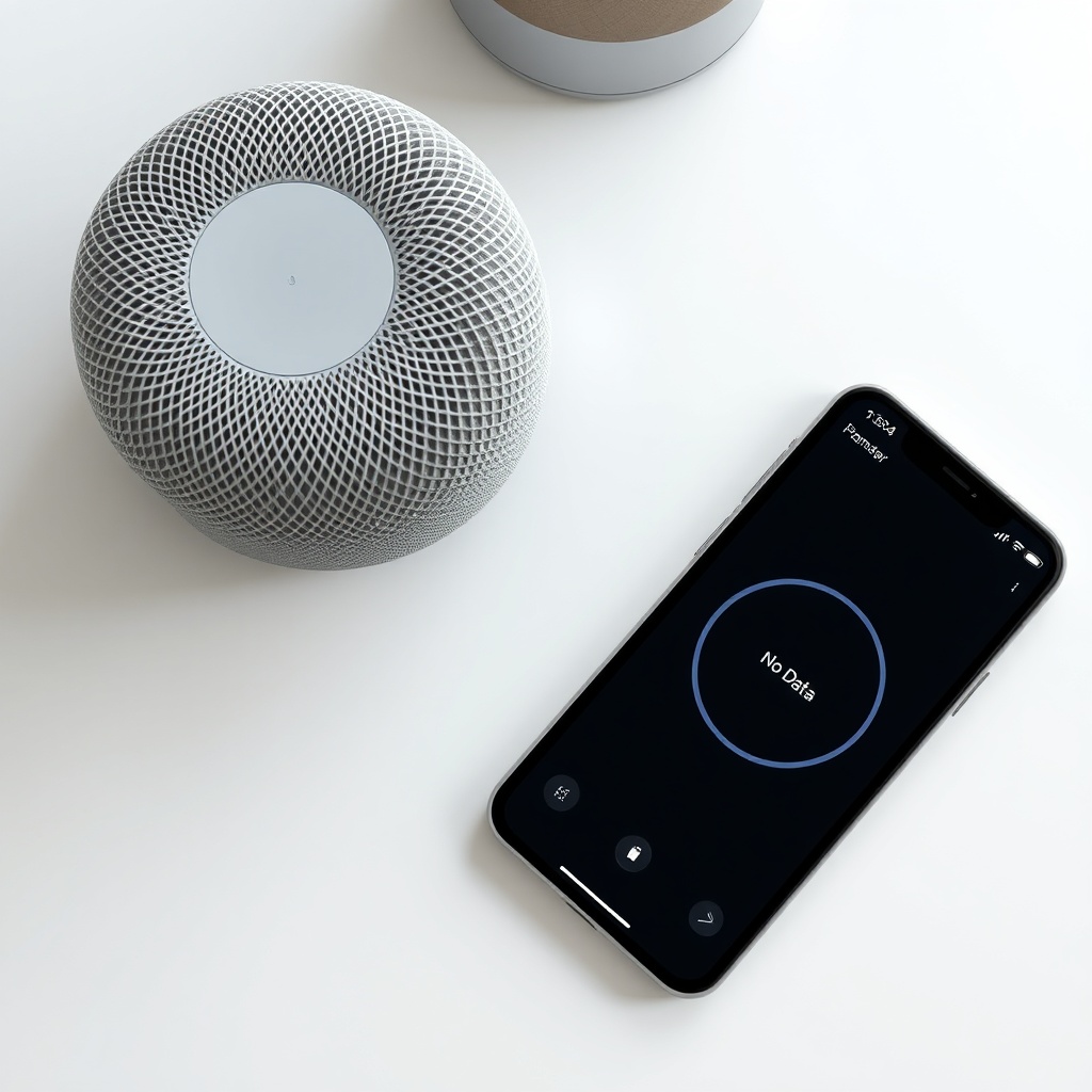 A photorealistic top-down view of an Apple HomePod mini on a white desk next to an iPhone
