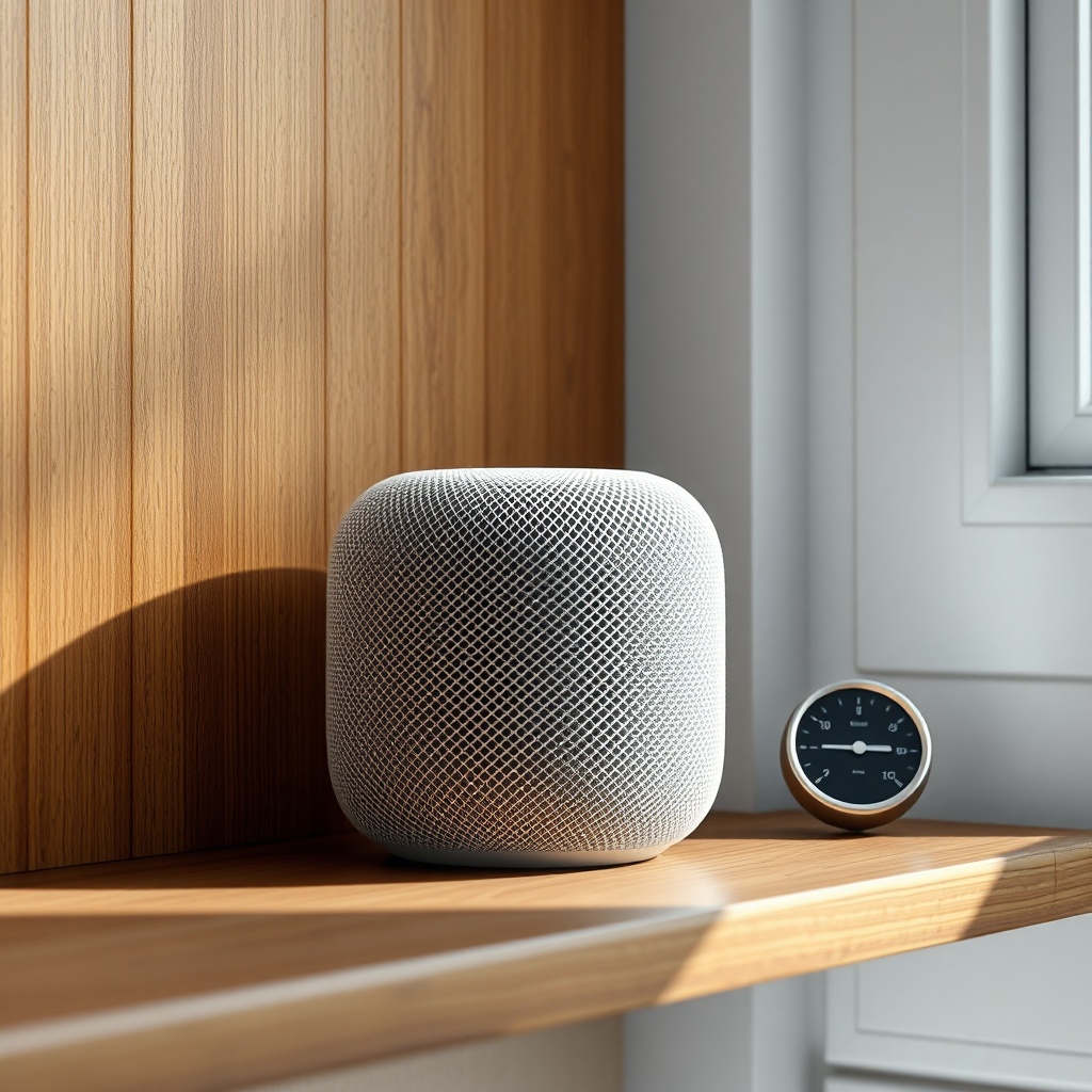 A clean photorealistic photo of a HomePod mini sitting on a wooden shelf near a window