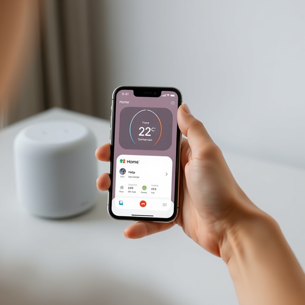 A clean photorealistic photo of a person using an iPhone to view the Home app