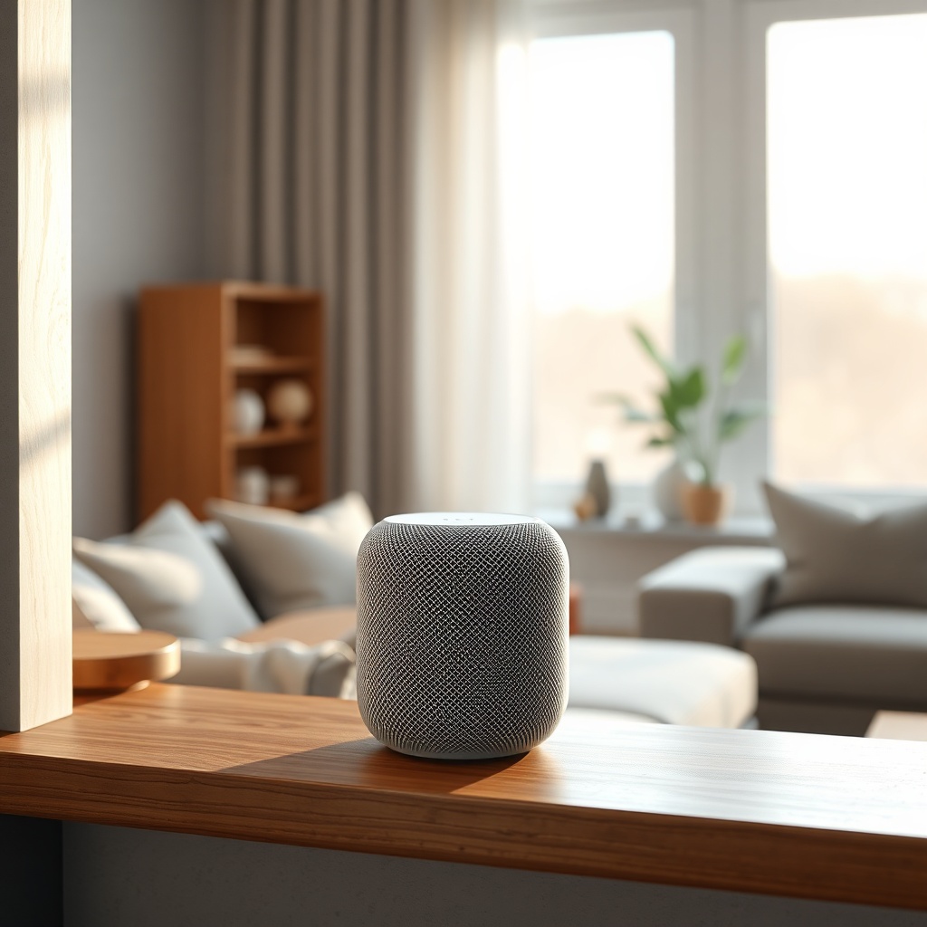 A clean photorealistic photo of an Apple HomePod mini placed on a wooden shelf in a living