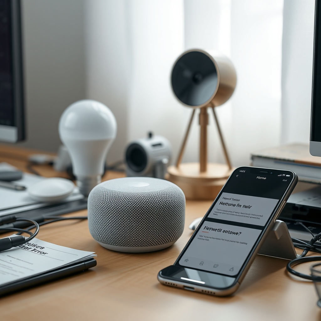 A photorealistic photo of a messy desk with an Apple HomePod mini