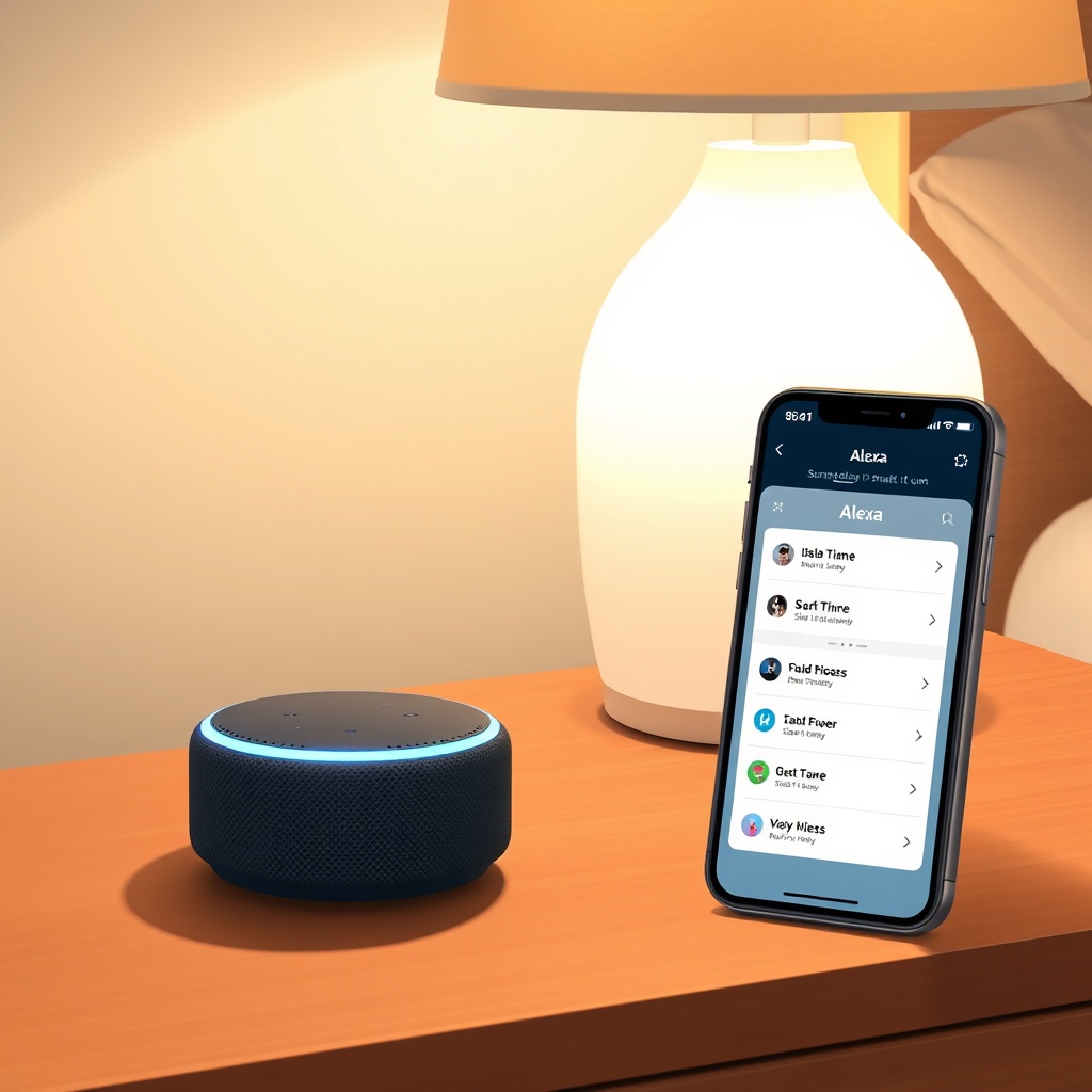A photorealistic illustration of an Amazon Echo Dot (5th Gen) on a nightstand with a smart