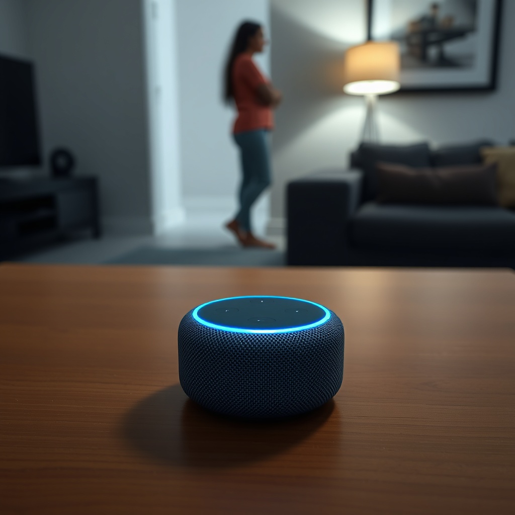 A clean photorealistic photo of an Amazon Echo Dot (5th Gen) on a wooden side table with t