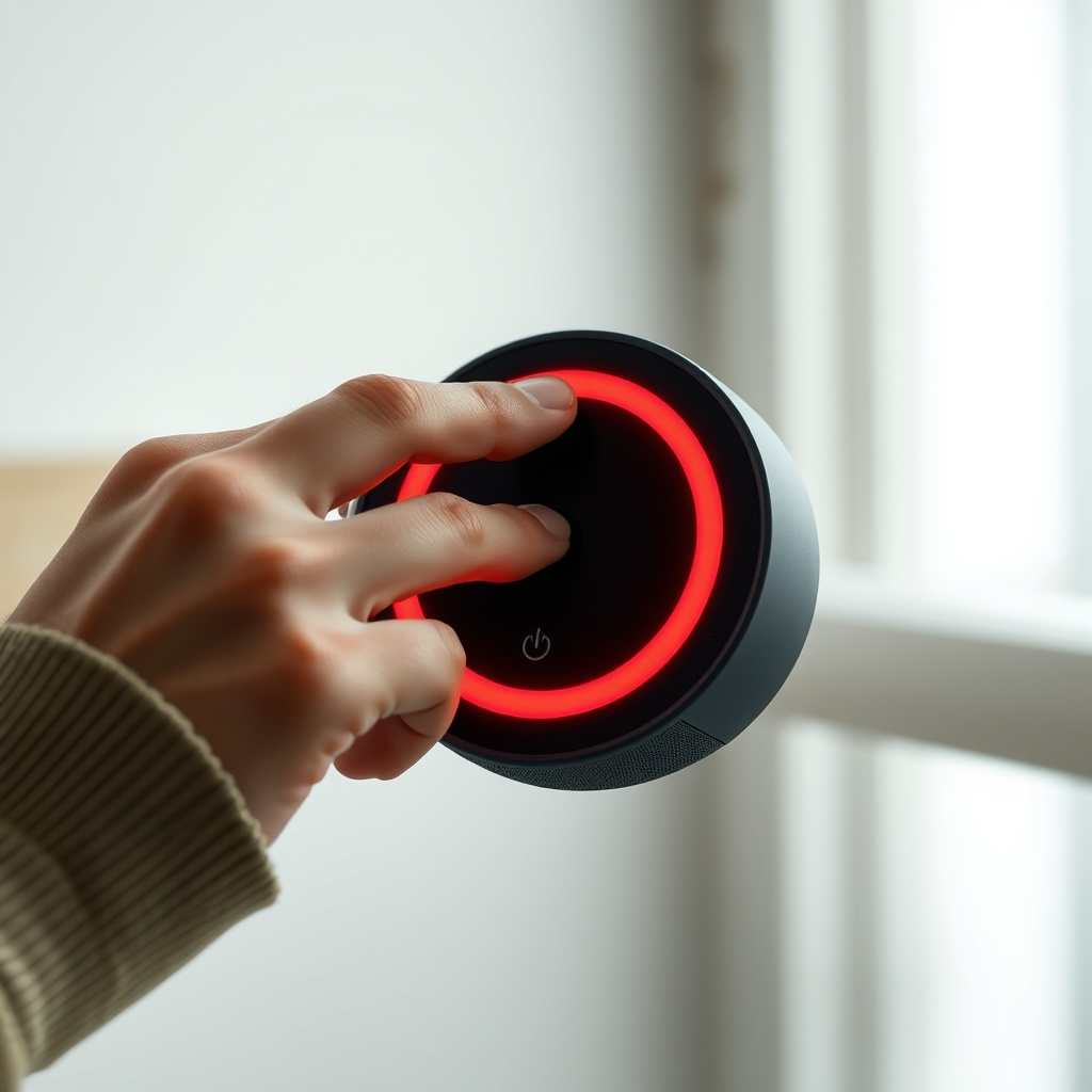 A photorealistic photo of a person pressing the mute button on an Amazon Echo Dot (5th Gen