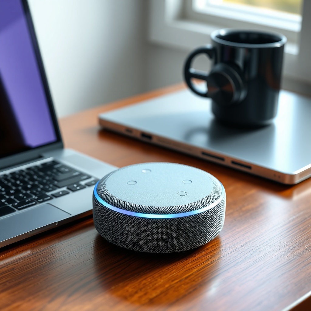 A photorealistic lifestyle shot of an Echo Dot 5th Gen sitting on a wooden desk next to a