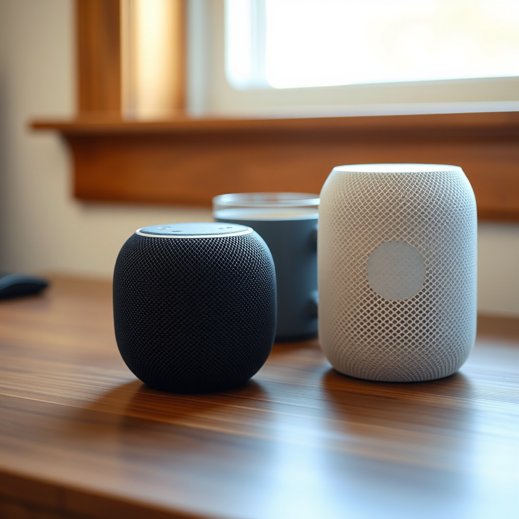 Two small smart speakers on a wooden desk; one is a dark spherical Amazon Echo Dot (5th Ge