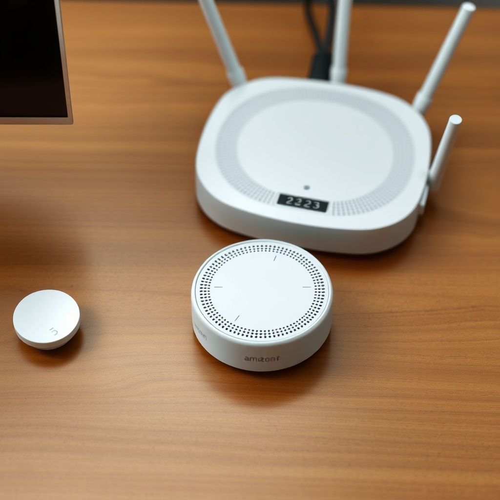 A photorealistic top-down shot of a white Amazon Echo Dot (5th Gen) placed on a wooden des