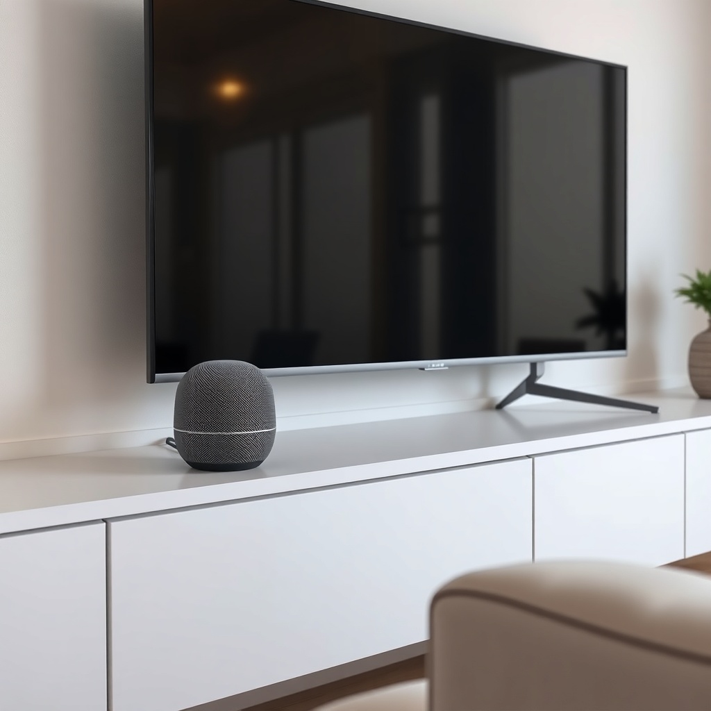 A photorealistic living room setup with a Google Nest Audio sitting on a shelf near a mode