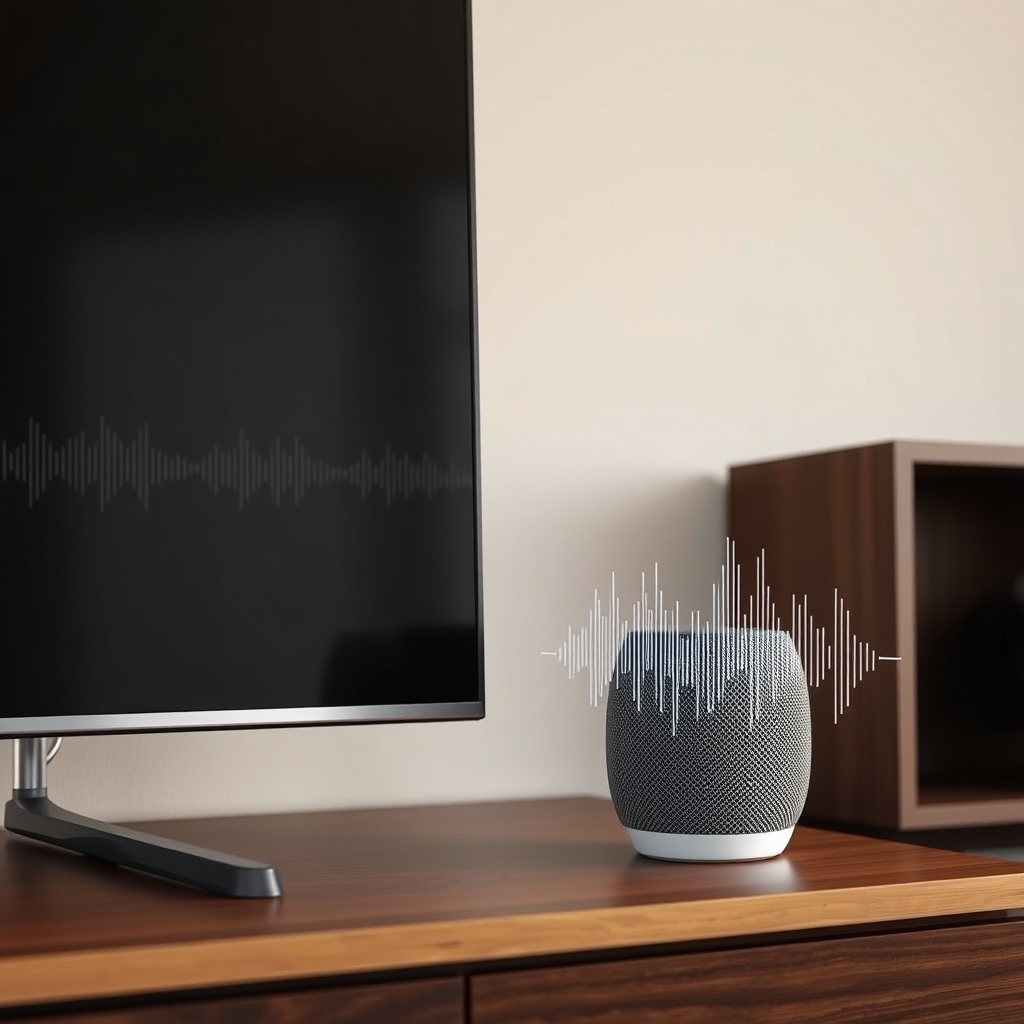 <clean photorealistic photo of a Google Nest Audio placed on a TV cabinet next to a flat-s
