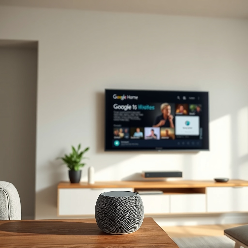 <clean photorealistic photo of a living room with a Google Nest Audio on a shelf and a TV