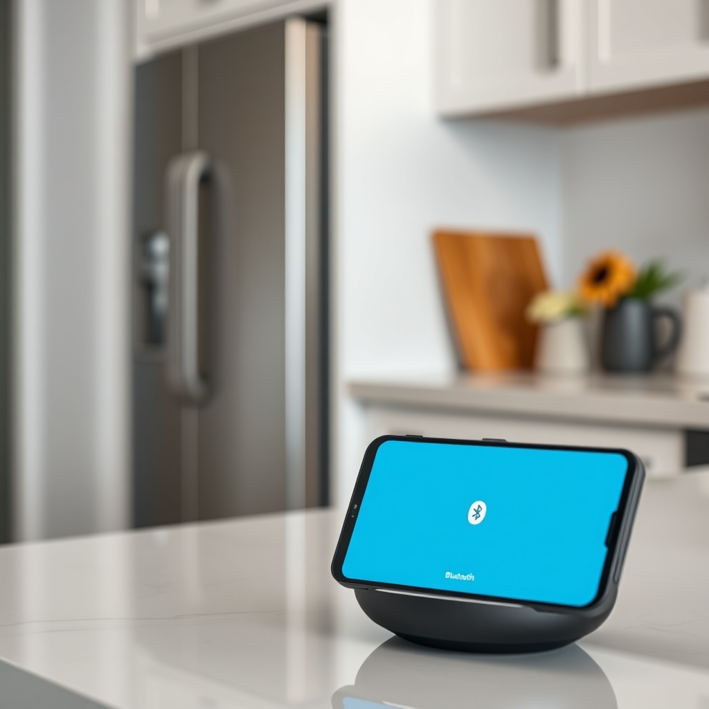A photorealistic photo of a Google Nest Audio speaker sitting on a kitchen counter