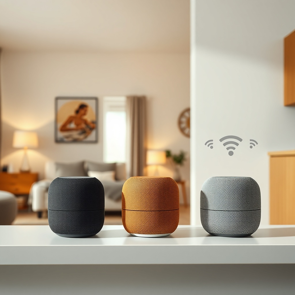 A clean photorealistic photo of three Google Nest Audio speakers in different rooms (livin